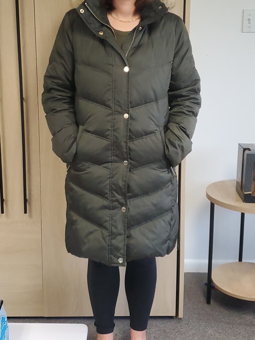 Michael Kors Dark Green Puffer Coat with Fur Hood